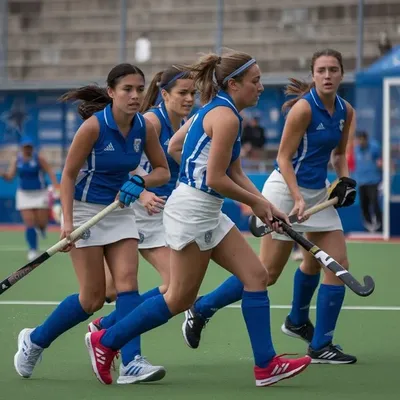 Grupo de jóvenes en gira de hockey en un estadio del Reino Unido.
